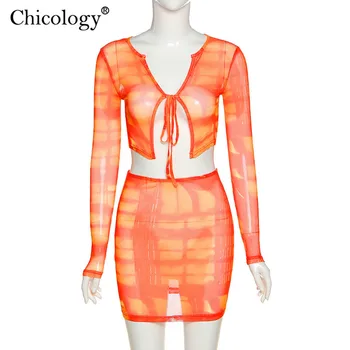 Chicology neon akies 2 dviejų dalių komplektas nėriniai apkarpyti viršuje, sijonas lady komplektai moterų 2020 m. vasarą seksualus klubas drabužius festivalis streetwear