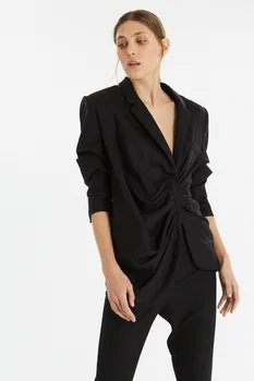 Aukštos kokybės 2018 naujas mados juoda medvilnės ir lino rankovėmis trumpą striukę nereguliarus plisuotos Slim temperamento moteris kailio striukė