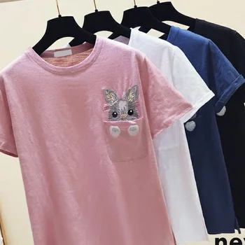 Moterų Triušis Siuvinėjimo trumpomis Rankovėmis T-shirt Moterų Animacinių filmų O-kaklo marškinėliai 2021 m. Vasarą Saldus Mados Atsitiktinis Kišenėje Viršų