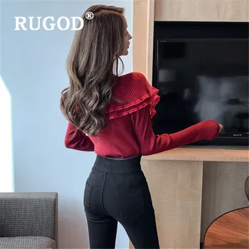 RUGOD V-kaklo Viršūnes Moterų Tinklinio Lotoso Žiedo Kietas Elegantiškas Viršų Ponios korėjiečių Drabužius ilgomis Rankovėmis Marškinėliai Moterims 2019 Slim Fit