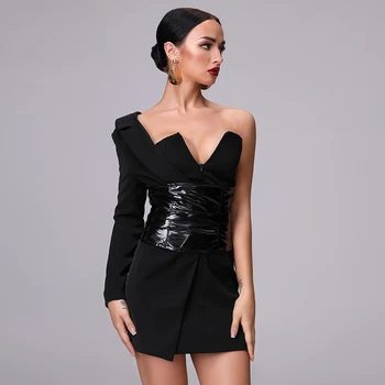2020 Naujas Moterų Mini Suknelė Aukštos Kokybės Baltas Juodas ilgomis Rankovėmis Vieną Petį Elegantiškas Mados Seksuali Suknelė Šalis Suknelė