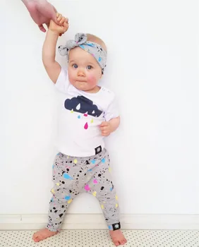 Vasaros stilius Baby Girl Drabužių Rinkinys Kūdikiams trumpomis rankovėmis Spalva Atspausdinta Viršūnes+Kelnės+Lankelis 3Pcs Naujagimių Bamblys Baby Girl Drabužiai