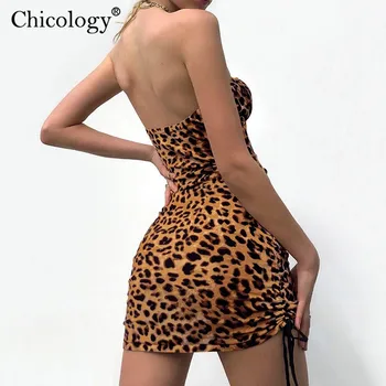 Chicology leopard off peties metalo grandinės ruched reguliuojamas mini suknelė moterims seksualus bodycon 2019 m. rudenį, žiemą šalies klubas drabužius