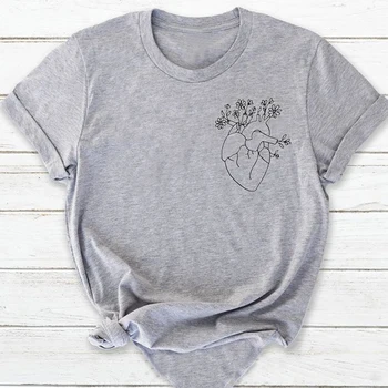 Gėlių Širdies Kišenėje Spausdinti Marškinėliai Grey Anatomija Moterų Medvilnės Marškinėlius Grafinis Tees Priežastinis Trumpas Rankovės Estetikos Viršūnių Dropshipping