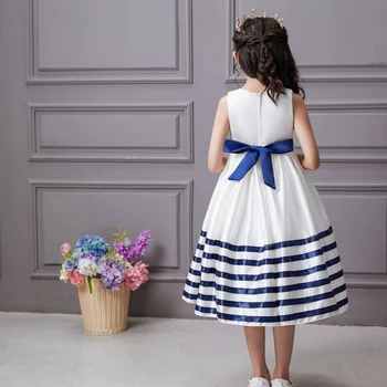 Nauja paauglių mergaičių, ilga suknelė dryžuota satino paprasta suknelė vaikų lankas elegantiškas princesė dress vaikų šalis priimančiosios kostiumas vasarai