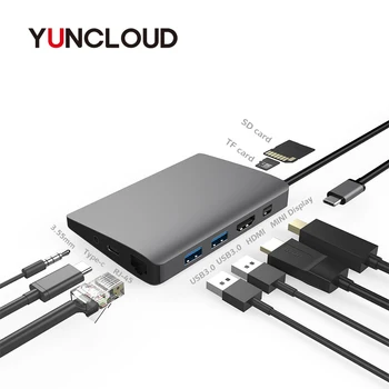 YUNCLOUD Nešiojamas Docking Station USB C, Mini DP, RJ45 Gigabit LAN, HDMI 4K su 2 USB 3.0 C Tipo PD 