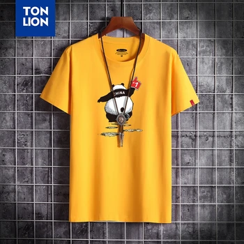 Atsitiktinis Animacinių Filmų Panda Print Tshirts Mens Vasaros Trumpomis Rankovėmis Medvilnės Tees Viršūnes Geltona Juoda T Shirts Vyras 2020 Naujas Dizainas