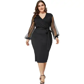 2021 m. pavasario vasaros plius dydis suknelė moterims, didelis, ilgomis rankovėmis slim atsitiktinis nėrinių V kaklo pieštuku suknelės diržas juoda 4XL 5XL 6XL