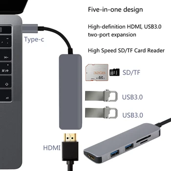 5 in 1 USB-C USB C HUB Aliuminio Lydinio Tipo C Hub Adapteris 4K HDMI 2 Prievadai USB 3.0 Prievadus, SD/TF Card Reader for Macbook