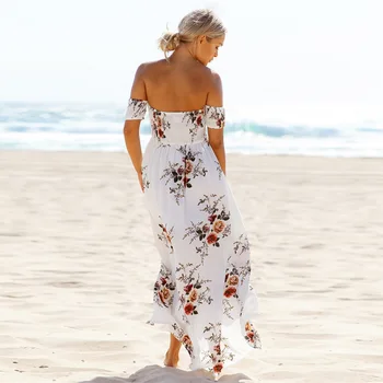 Boho stiliaus ilga suknelė moterims Off peties paplūdimio vasaros suknelės Gėlių spausdinti Derliaus šifono balta maxi suknelė vestidos de festa