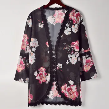Senovinių Moterų Vyras Kimono Megztinis 2019 Gėlių Spausdinti Nėrinių Kailis Viršūnes Kostiumo Kimono Mados Ilgomis Rankovėmis Šifono Palaidinės Ir Marškinėliai