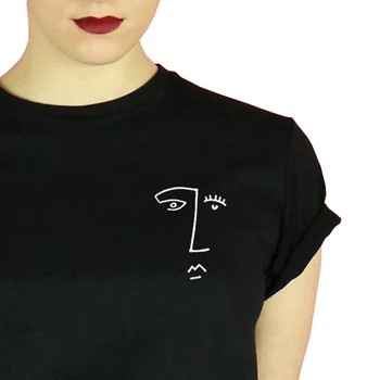 Veidus Veido Kišenėje prie Krūtinės Spausdinti marškinėliai topai Grafinis Tee Hipster Tumblr Piešinys Iliustracija Picasso Stiliaus Meno kūrinys Doodle