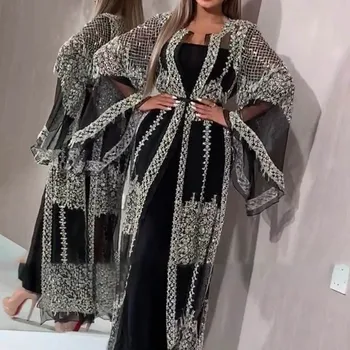 Moterų Dubajaus Musulmonų Suknelė Prabanga, Aukštos Klasės Blizgučiai Siuvinėjimas Nėrinių Ramadanas Kaftan Islamas Kimono Moterų Turkijos Eid Mubarakas 2020 M.