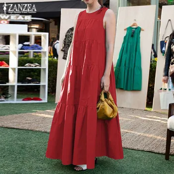 ZANZEA 2021 Bohemijos Pynimas Maxi Suknelė Moterų Vasaros Sundress Elegantiškas O Kaklo, Rankovių Vestidos Moterų Kratinys Skraiste Femme