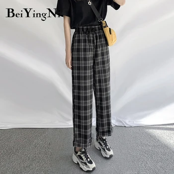 Beiyingni Juoda Balta Skara Kelnės Moterims Streetwear Retro 2020 Korėjos Didelio Juosmens Pločio Kojų Kelnės Moteriška Negabaritinių Kelnės Drabužiai
