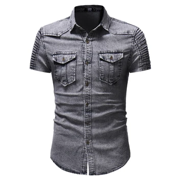 Naujas džinsinis audinys drabužiai užsienio prekybos trumparankoviai marškinėliai asmenybės susiuvimo plisuotos rankovėmis džinsinio marškinėliai vyrams drabužius 2018 M-XXXL