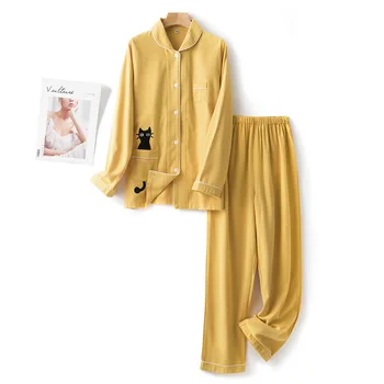 Dvipusis Šepečiu Medvilnės Pižama Moterims Kačiukas Debesis Mielas Siuvinėjimas Namų Kostiumas Minkštas Šiltas Žiemą Homewear Moterų Sleepwear