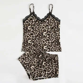 Naujas Leopard print jumpsuit Leopardas spausdinti pižama rinkinys leopardas Spausdinti apatinis Trikotažas Šilko Apatiniai Sleepwear Nightdress Satino Pižama