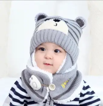 Žiemos berniuko, mergaites, šiltas animacinių filmų lokys Megztos kepurės su plaukų kamuolys ausinių+kaklo šaliką 2 vnt nustatytas 0-2T kūdikių bamblys šukuosena