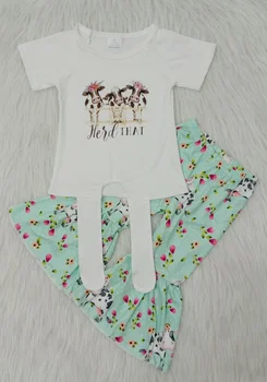Nauja vaikų mergaičių trumparankoviai marškinėliai apačioje mazgas dizainas Mengniu spausdinti mados boutique užsiliepsnojo kelnės rinkinys