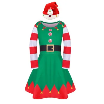 Merginos Kalėdų Dress Santa Claus Juostele Spausdinti Santa Dress Vaikams ilgomis Rankovėmis Karnavalas Šalies Drabužius su Red Hat Vestido Girl