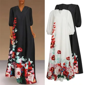 2020 Naujas Spausdinti Vintage Suknelė Moterims Atsitiktinis Pusė Rankovės Gėlių Ilga Suknelė Rudenį V-Kaklo Big Swing Maxi Suknelė Vestidos Dydis S-3XL