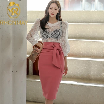 Aukštos Kokybės Korėjos Moterų Elegantiškas, 2 vnt. Rinkinys Sexy Nėrinių Perspektyvos Marškinėliai + Mados Tvarstis Lankas Bodycon Sijonas Rinkinys