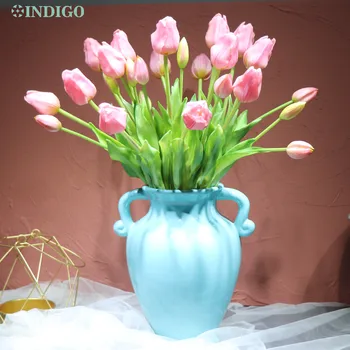 INDIGO-(3 gėlės+2 bud) Rožinės spalvos Tulpių Puokštė Nekilnojamojo Touch Silikono Tulpių Aukštos Kokybės Namų Dekoro Dirbtinių Gėlių Ekranas